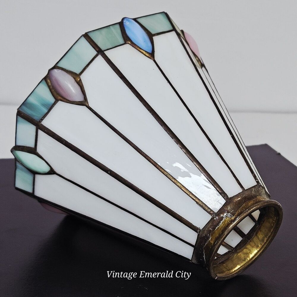 Vtg Antique Tiffany-style Stained Glass Lamp Shade Brass-White Teal Pink Mexico - Picture 3 of 12